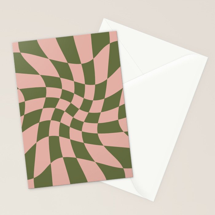 Wavy Check - Green And Peach - Checkerboard Pattern Print Stationery Card Gallery Image 2