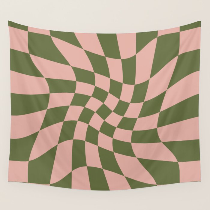 Wavy Check - Green And Peach - Checkerboard Pattern Print Wall Tapestry Gallery Image 4