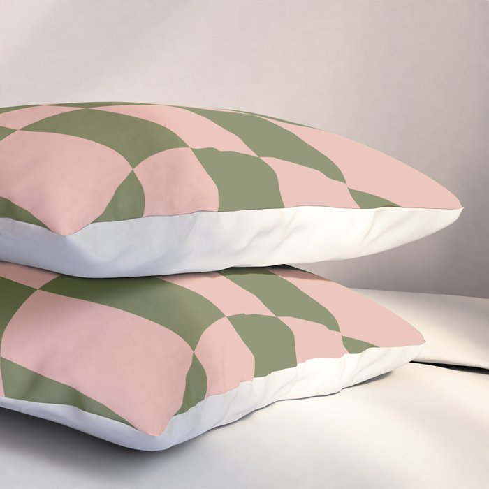Wavy Check - Green And Peach - Checkerboard Pattern Print Pillow Sham Gallery Image 3