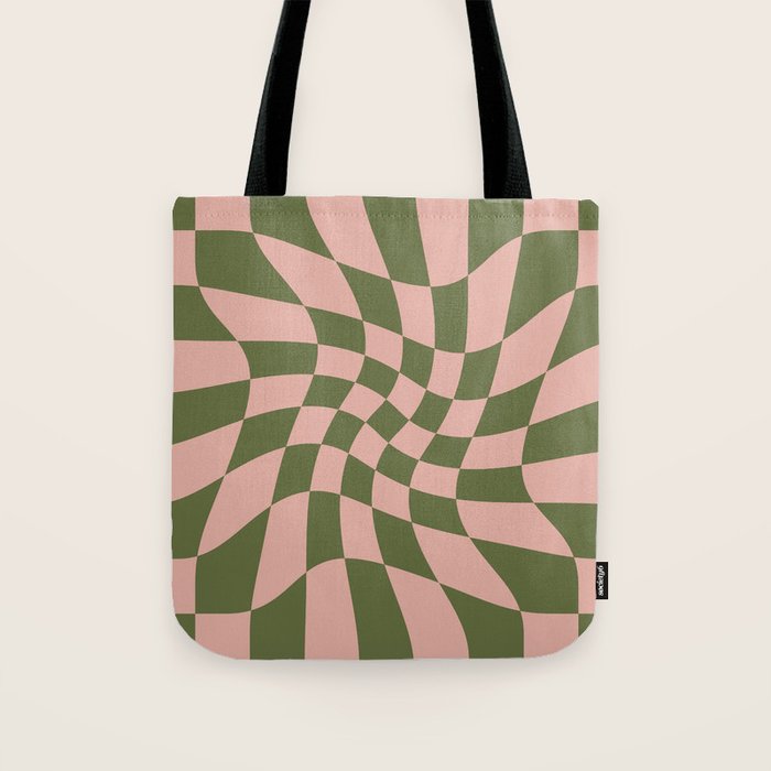 Wavy Check - Green And Peach - Checkerboard Pattern Print Tote Bag Gallery Image 1