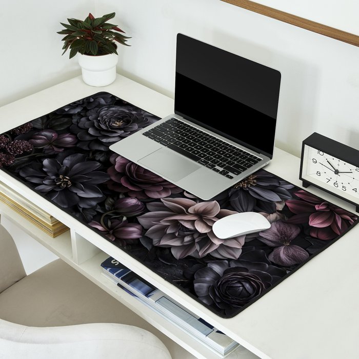 Midnight Floralscape Moody Baroque Opulent Flowers Desk Mat Gallery Image 2