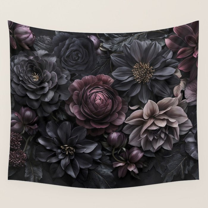 Midnight Floralscape Moody Baroque Opulent Flowers Wall Tapestry Gallery Image 4