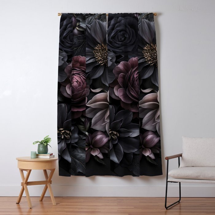 Midnight Floralscape Moody Baroque Opulent Flowers Window Curtain Gallery Image 1