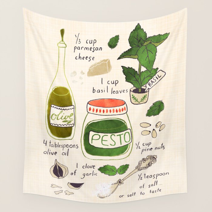 Pesto. Illustrated Recipe. Wall Tapestry Gallery Image 4
