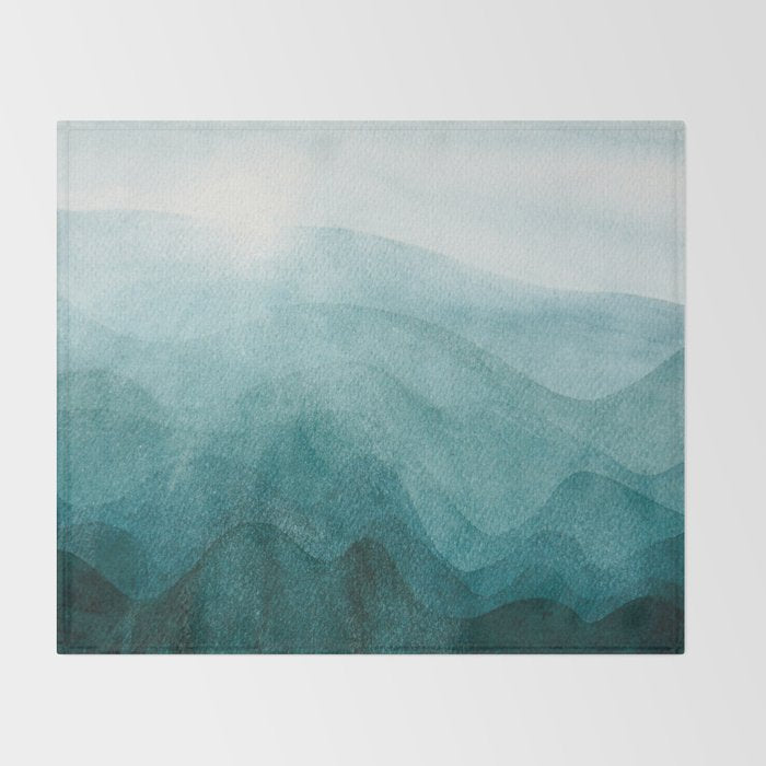 Sunrise in the mountains, dawn, teal, abstract watercolor Throw Blanket Gallery Image 2