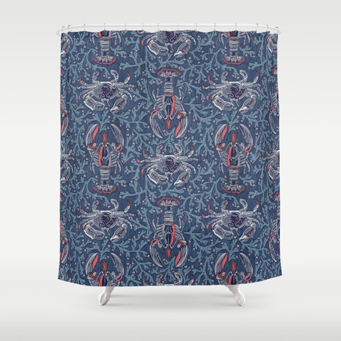 Lobster and crab coastal nostalgia navy Shower Curtain Gallery Image 1