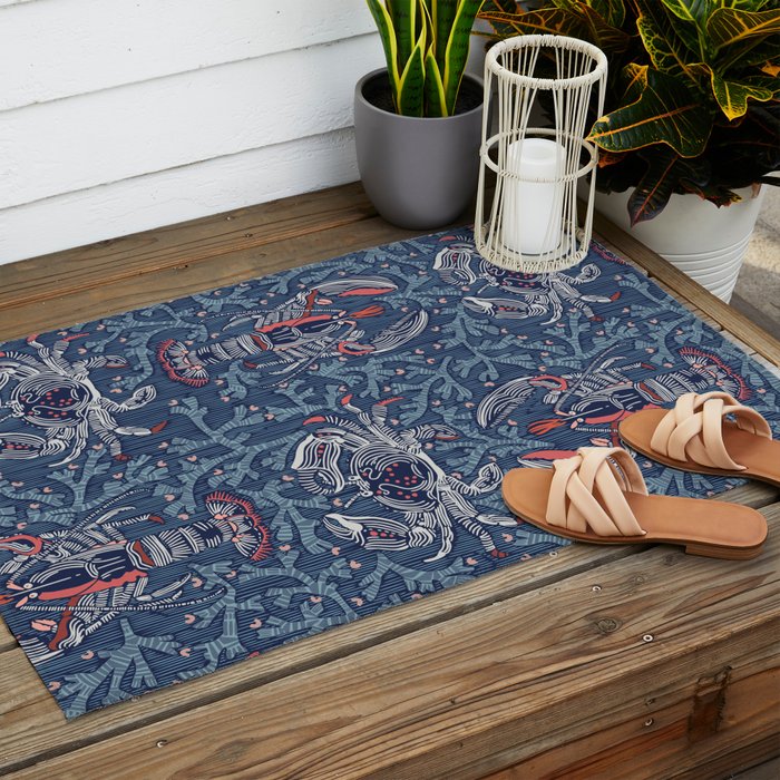 Lobster and crab coastal nostalgia navy Outdoor Rug Gallery Image 2