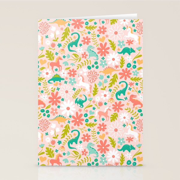 Dinosaurs + Unicorns in Pink + Teal Stationery Card Gallery Image 1