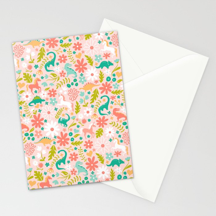 Dinosaurs + Unicorns in Pink + Teal Stationery Card Gallery Image 2