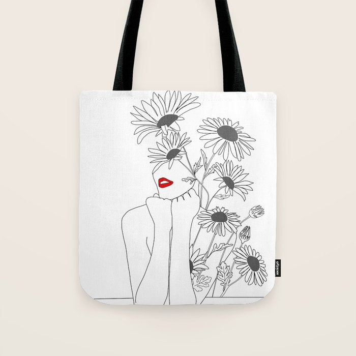 Minimal Line Art Girl with Sunflowers Tote Bag Gallery Image 1