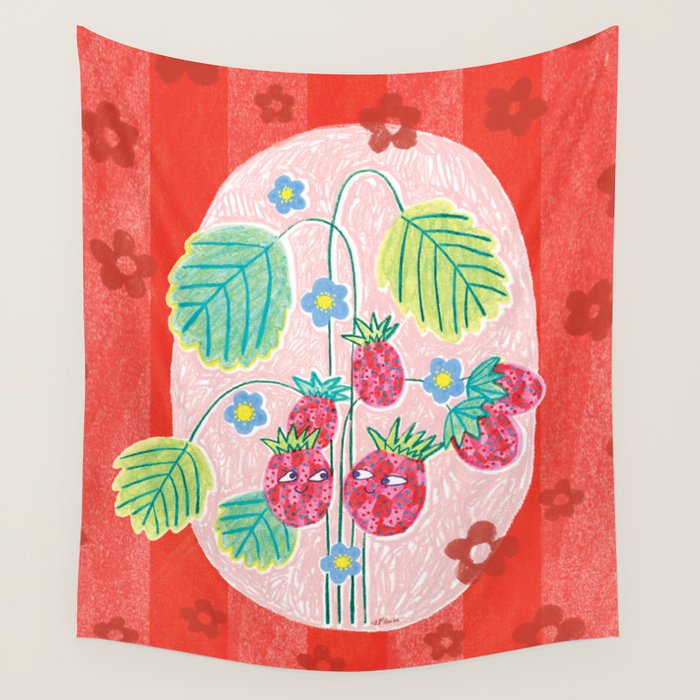 Sweet Strawberry Plant Friends in Red & Pink Wall Tapestry Gallery Image 4