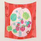 Sweet Strawberry Plant Friends in Red & Pink Wall Tapestry Gallery Image 4