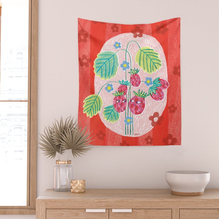 Sweet Strawberry Plant Friends in Red & Pink Wall Tapestry Gallery Image 2