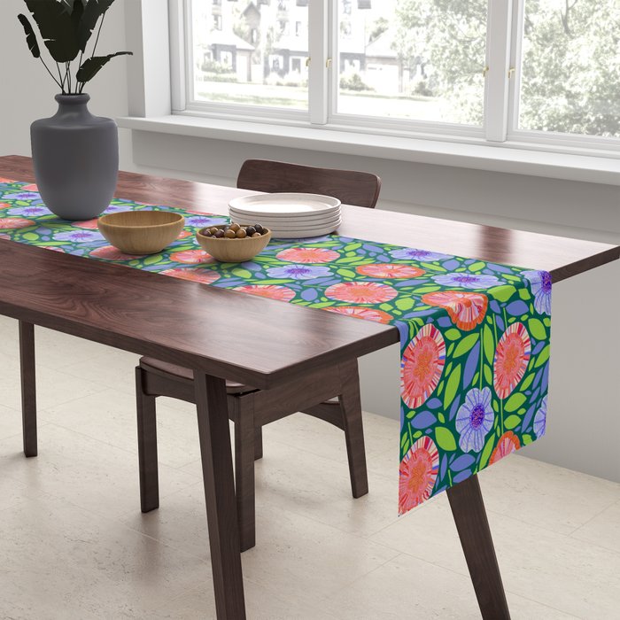 Folk Floral Blossoms in Turquoise Table Runner Gallery Image 2