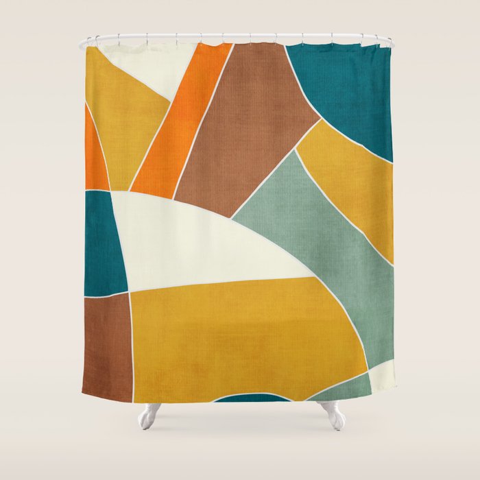 Teal Orange Mustard Navy White Abstract Artwork Shower Curtain Gallery Image 1