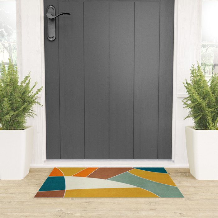 Teal Orange Mustard Navy White Abstract Artwork Welcome Mat Gallery Image 3
