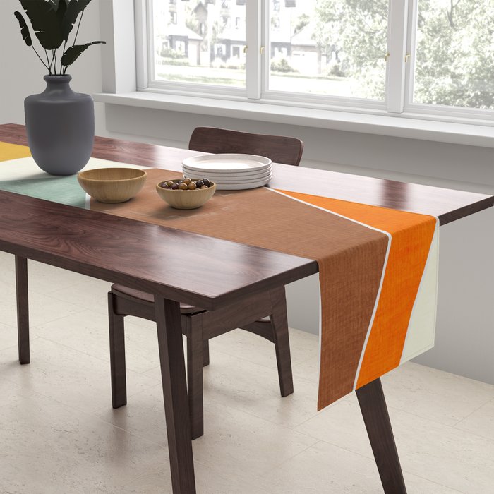 Teal Orange Mustard Navy White Abstract Artwork Table Runner Gallery Image 2