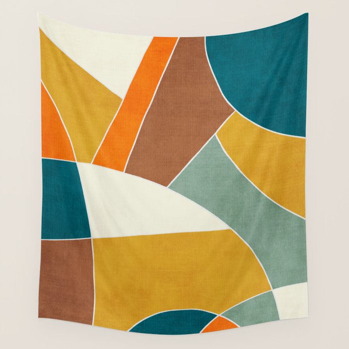 Teal Orange Mustard Navy White Abstract Artwork Wall Tapestry Gallery Image 4