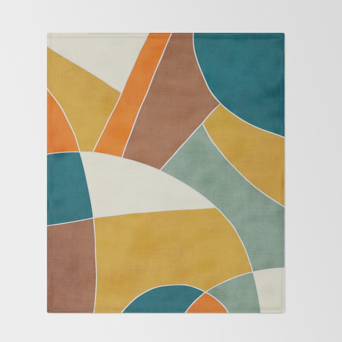 Teal Orange Mustard Navy White Abstract Artwork Throw Blanket Gallery Image 2
