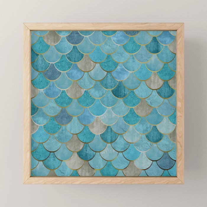 Moroccan Fish Scale Mermaid Pattern, Teal Blue and Gold Mini Art Print Gallery Image 1