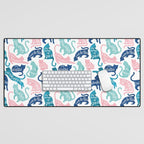 Be like a cat // white background pastel pink blue aqua and teal cat silhouettes with affirmations Desk Mat Gallery Image 1