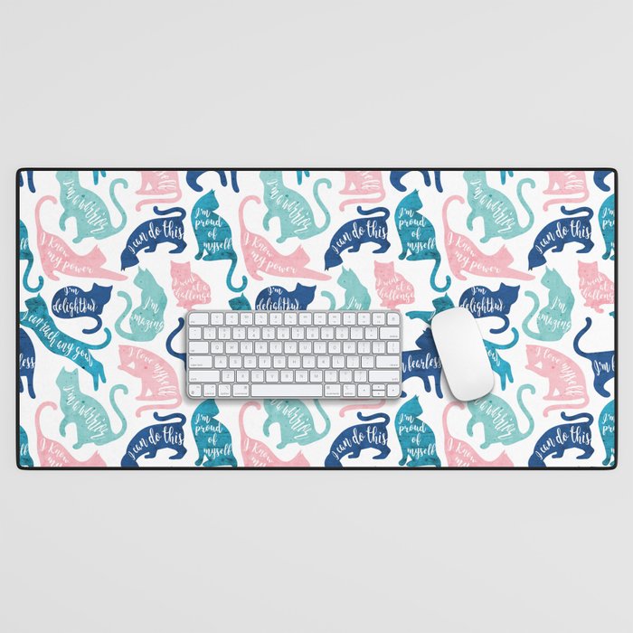 Be like a cat // white background pastel pink blue aqua and teal cat silhouettes with affirmations Desk Mat Gallery Image 1