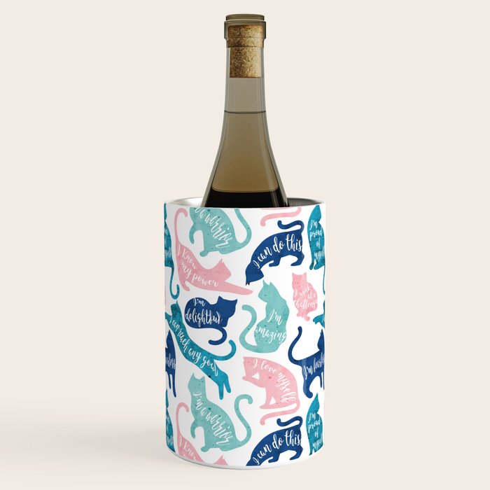 Be like a cat // white background pastel pink blue aqua and teal cat silhouettes with affirmations Wine Chiller Gallery Image 1