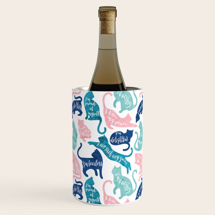 Be like a cat // white background pastel pink blue aqua and teal cat silhouettes with affirmations Wine Chiller Gallery Image 3
