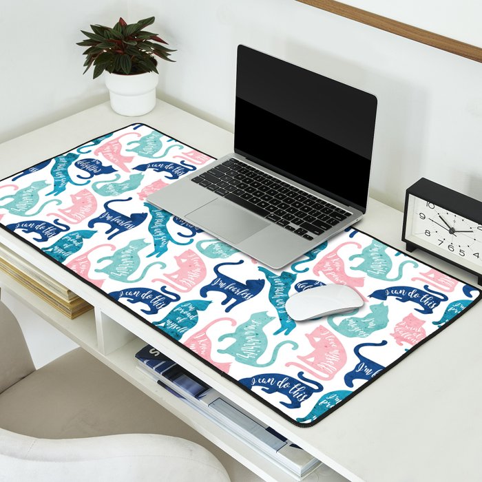 Be like a cat // white background pastel pink blue aqua and teal cat silhouettes with affirmations Desk Mat Gallery Image 2
