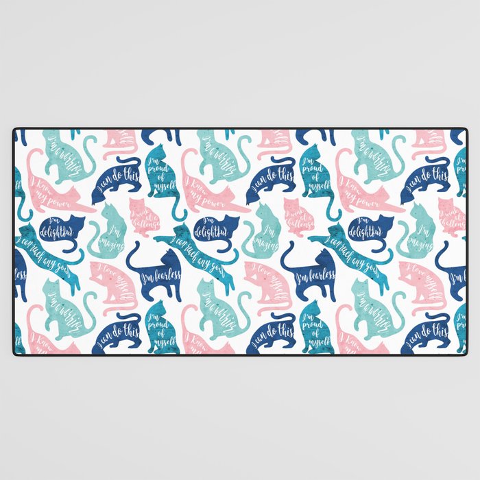 Be like a cat // white background pastel pink blue aqua and teal cat silhouettes with affirmations Desk Mat Gallery Image 3