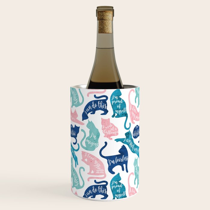 Be like a cat // white background pastel pink blue aqua and teal cat silhouettes with affirmations Wine Chiller Gallery Image 2