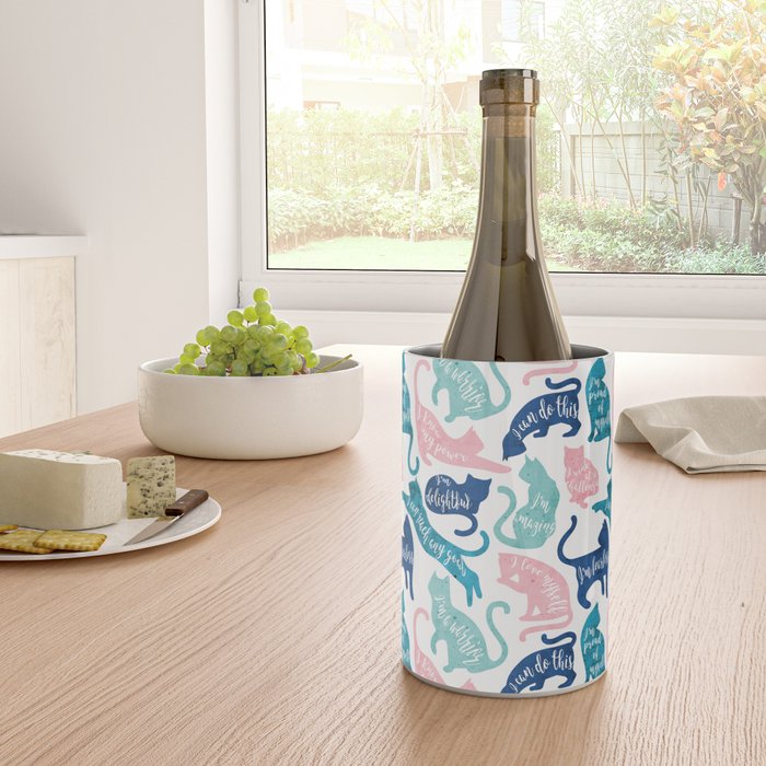Be like a cat // white background pastel pink blue aqua and teal cat silhouettes with affirmations Wine Chiller Gallery Image 4
