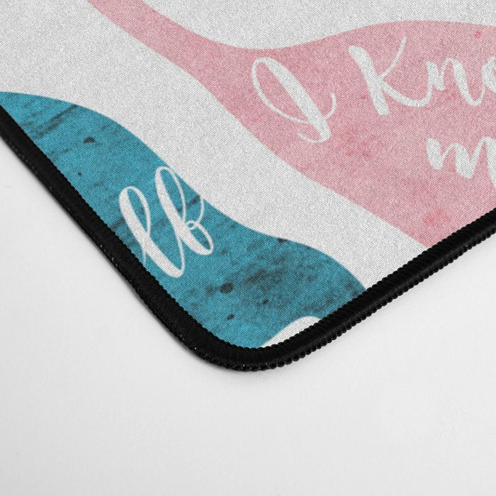 Be like a cat // white background pastel pink blue aqua and teal cat silhouettes with affirmations Desk Mat Gallery Image 4