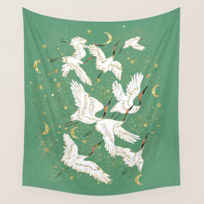Golden cranes party  Wall Tapestry Gallery Image 1