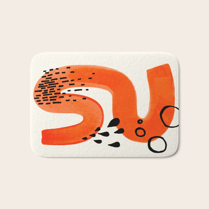 Mid Century Modern abstract Minimalist Fun Colorful Shapes Patterns Orange Brush Stroke Watercolor Bath Mat Gallery Image 1