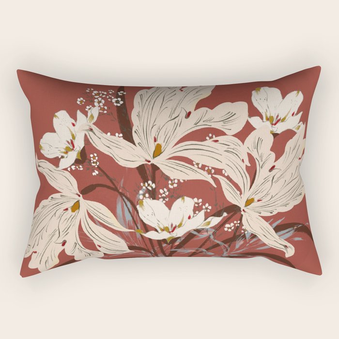 white flowers on a red background Rectangular Pillow Gallery Image 1