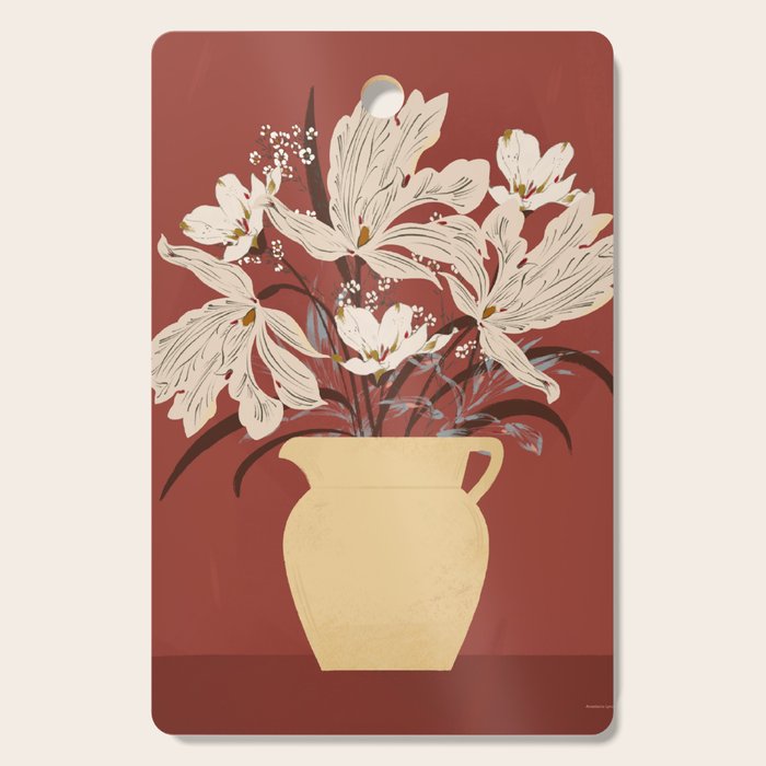 white flowers on a red background Cutting Board Gallery Image 1