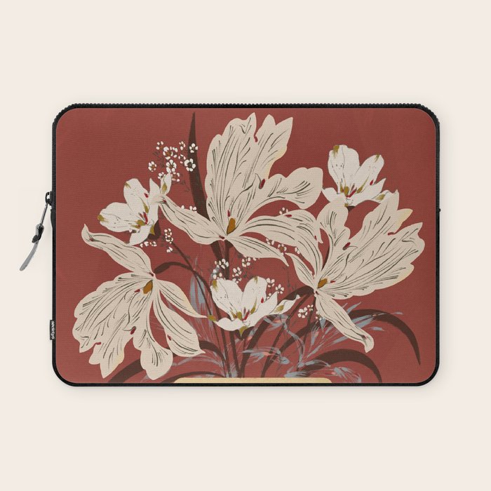 white flowers on a red background Laptop Sleeve Gallery Image 1