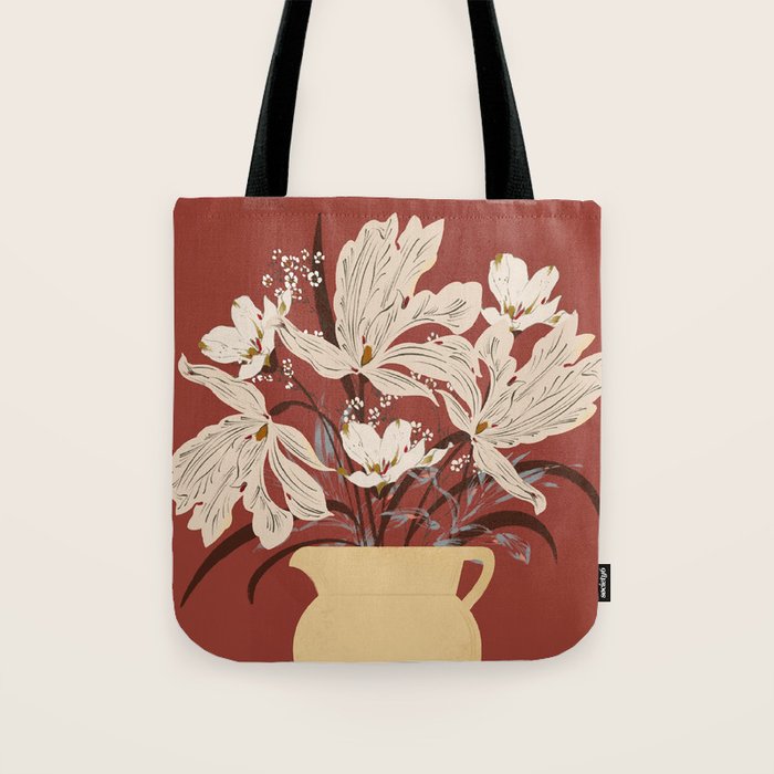 white flowers on a red background Tote Bag Gallery Image 1