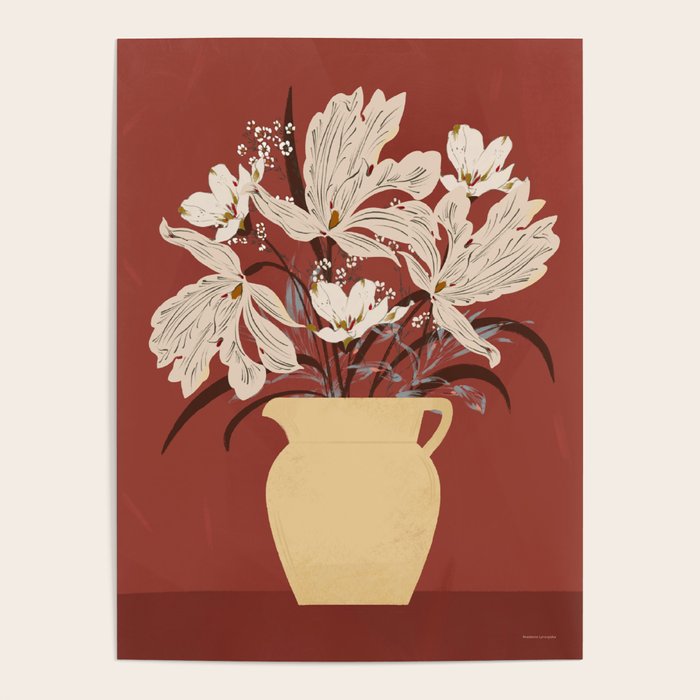 white flowers on a red background Poster Gallery Image 1