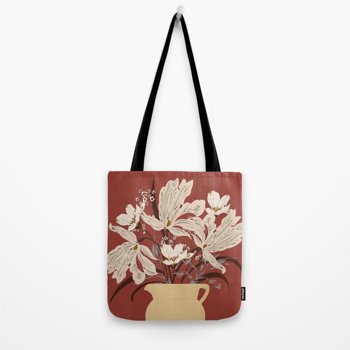 white flowers on a red background Tote Bag Gallery Image 2