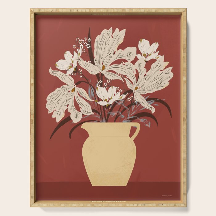 white flowers on a red background Serving Tray Gallery Image 1