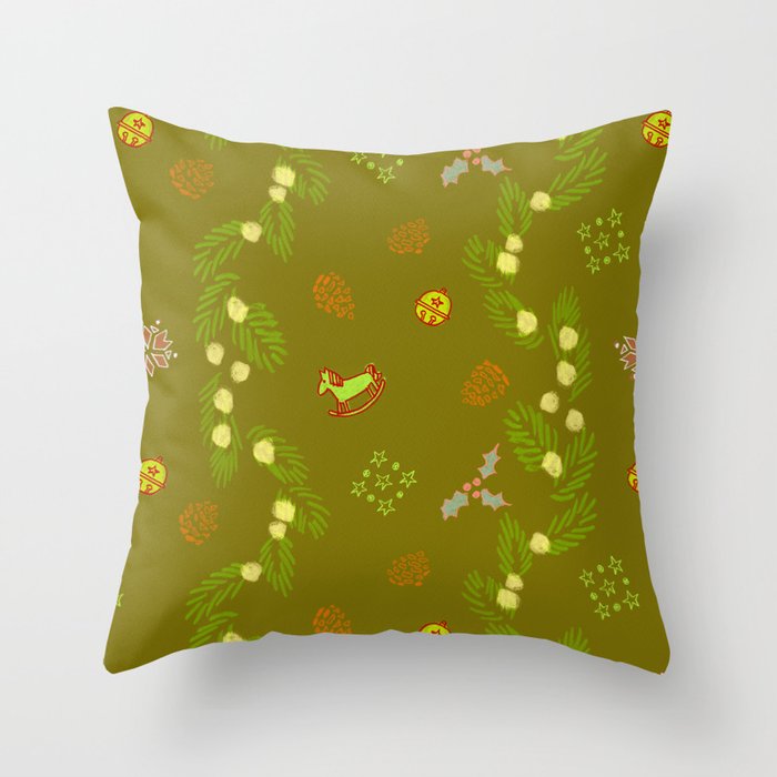 Whimsical Tiny Toys & Pine Branches in Green Throw Pillow Gallery Image 6