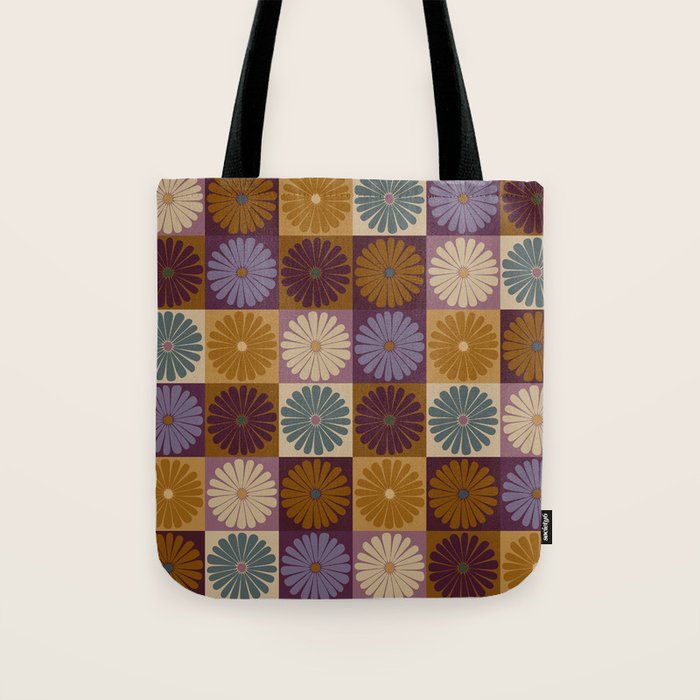 Retro Flowers Check Pattern X Tote Bag Gallery Image 1