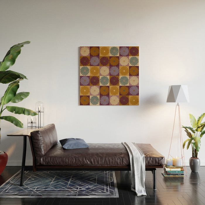 Retro Flowers Check Pattern X Wood Wall Art Gallery Image 2