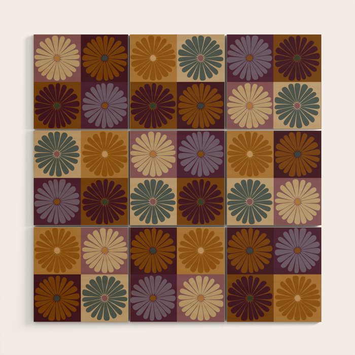 Retro Flowers Check Pattern X Wood Wall Art Gallery Image 1
