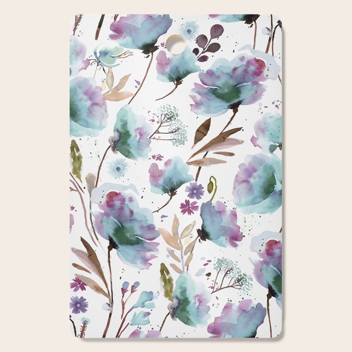 Poppies Loose Floral Watercolor - Meadow Wildflowers - Aqua Plum  Cutting Board Gallery Image 1
