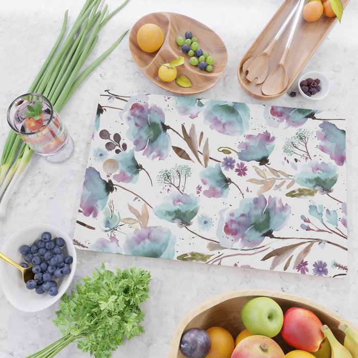 Poppies Loose Floral Watercolor - Meadow Wildflowers - Aqua Plum  Cutting Board Gallery Image 2