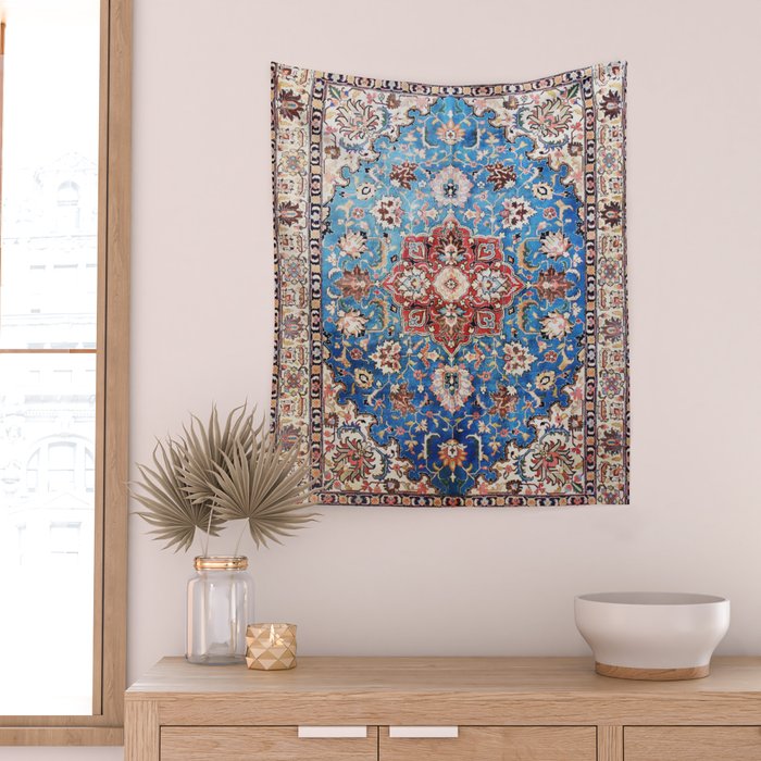 Tabriz Rug With Blue Field Print Wall Tapestry Gallery Image 2
