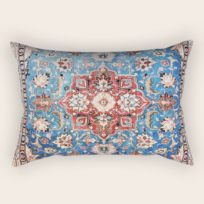 Tabriz Rug With Blue Field Print Rectangular Pillow Gallery Image 1